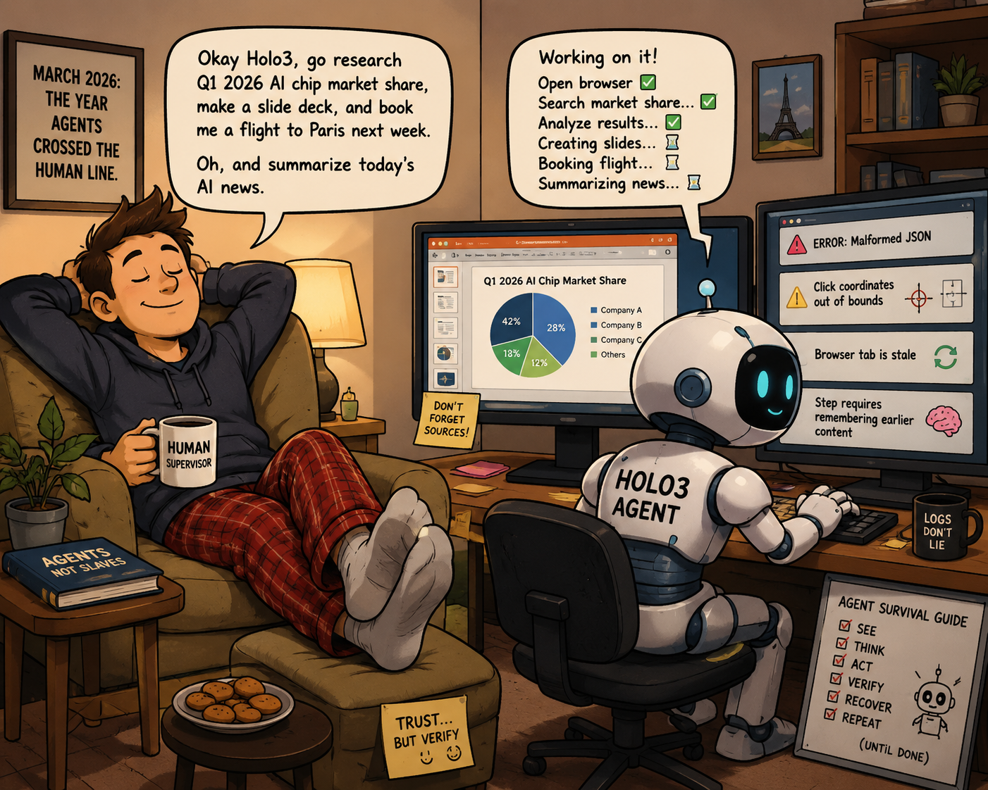 Robot using a computer while a human relaxes